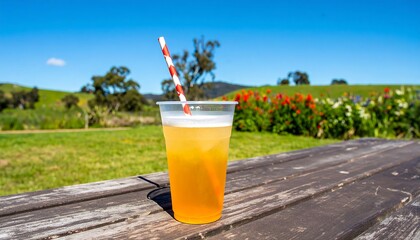 Iced drink on a rustic wooden table overlooking a picturesque landscape