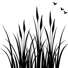 Tall grass or reeds with flying bird outline vector, a modern flying bird icon art design, black vector reeds grass outline, black vector of a grass, simple tall grass art