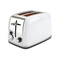 Shiny white toaster sits against a white background ready to toast bread for breakfast Kitchen appliance sits unused on the counter