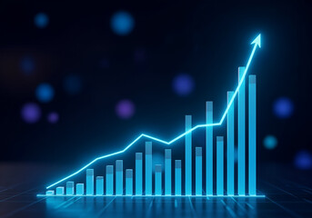 Glowing blue business chart shows upward trend with arrow indicating growth and success in a modern financial analysis