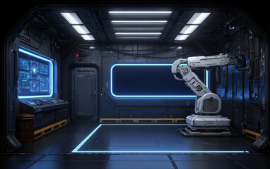 Futuristic robotic arm in high-tech interior room with blue lights