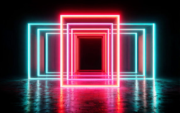 Neon light frames forming a futuristic and vibrant tunnel