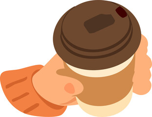 hand holding takeaway coffee cup with brown lid and sleeve top view.