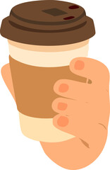 hand holding takeaway coffee cup with brown lid and sleeve.
