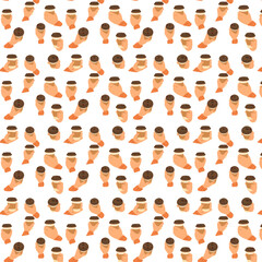 a seamless pattern of hands holding takeaway coffee cups with brown lids, repeated across a white background.