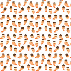 a seamless pattern of hands holding takeaway coffee cups with brown lids, repeated across a white background.