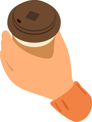 hand holding takeaway coffee cup with brown lid and sleeve top view.