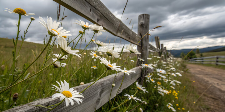 Fresh daisies growing along rustic wooden fence in natural outdoor countryside garden setting