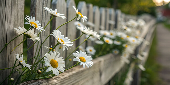 Fresh daisies growing along rustic wooden fence in natural outdoor countryside garden setting - Powered by Adobe