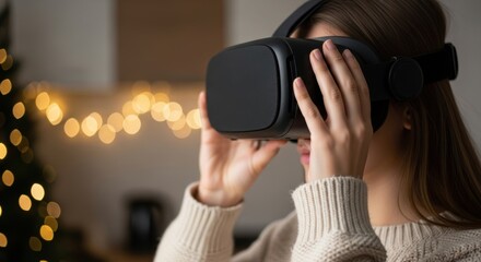 Young caucasian female using vr headset in cozy home environment with ambient lighting