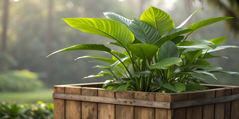 Lush green tropical leaves in wooden planter blurred background