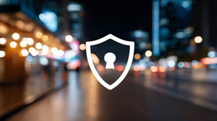 Enhanced urban security, blurry city street protected by symbolic shield icon, representing safety and protection in metropolitan areas.
