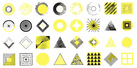 Collection of abstract geometric shapes and patterns in yellow black and white background