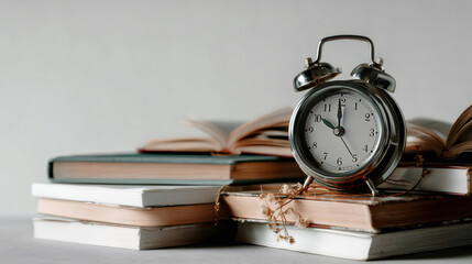 Vintage alarm clock sits on a stack of old books with an open book in the background, creating a still life representing the importance of time management, knowledge, and deadlines