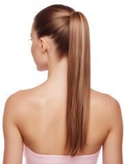 Fototapeta premium Young woman with long straight ponytail viewed from back
