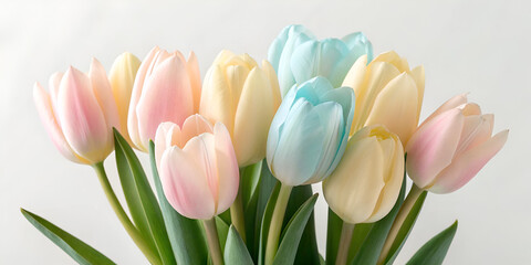 Bouquet of tulips in soft pastel shades isolated on white background for floral decoration