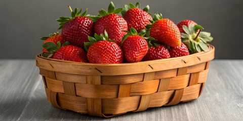 Freshly picked ripe strawberries in rustic wooden basket natural fruit harvest display