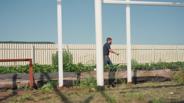 side view of farmer walking with wooden crate near green crop rows through white frame on sunny day turning around to look back while carrying tools and surveying field progress