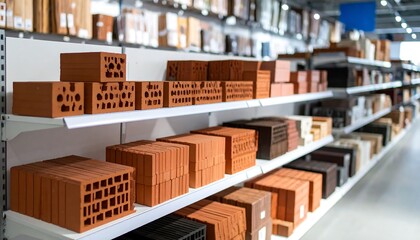 Display shelves filled with various types of bricks