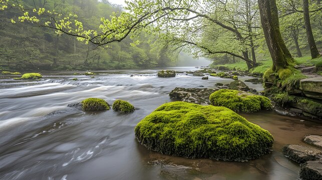 Lush green mossy rocks in a flowing river surrounded by a misty forest and leafy trees