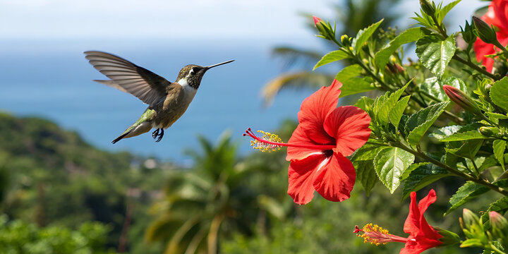 Tiny hummingbird hovering near red hibiscus flower in tropical nature closeup view - Powered by Adobe