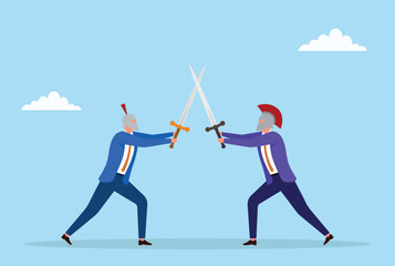 Vector illustration of two businessmen fighting with swords, symbolizing competition, rivalry, and challenges in business and corporate battles
