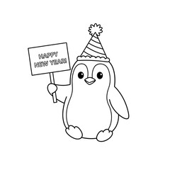 Cute Penguin with Party Hat Holding Happy New Year Sign