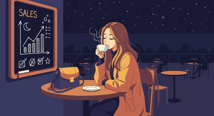 Animated night cafe scene of a woman enjoying coffee with sales chart backdrop