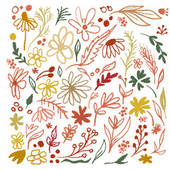 Autumn flowers and leaves in chalk. hand drawn. Not AI, Vector illustration.