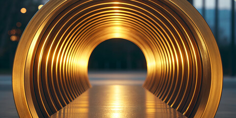 Golden circular tunnel with glowing light reflections abstract isolated background design