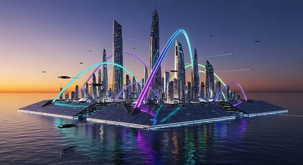 Obraz premium Futuristic Floating Cityscape at Sunset.