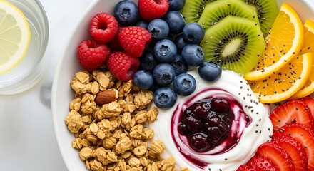 A bowl of healthy breakfast ingredients, including granola, berries, kiwi, oranges, yogurt, and chia seeds. A glass of water with a lemon slice is visible in the upper left corner