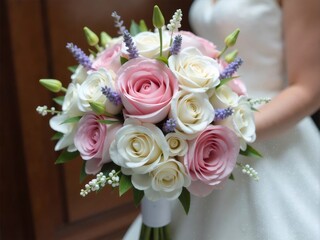 Obraz premium Wedding Bouquet with Pink and White Roses Lavender and Green Buds in Bride Hands