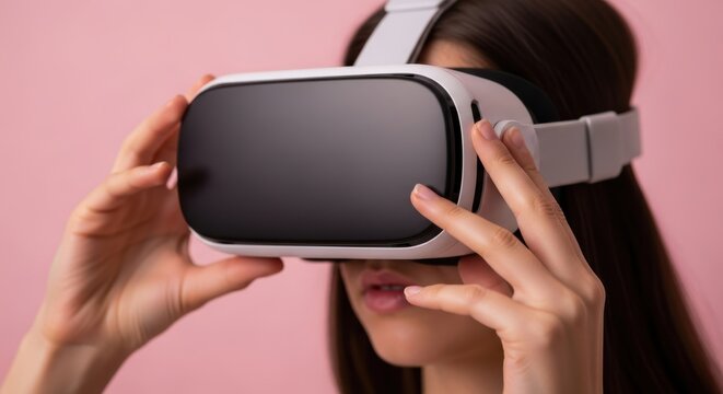 Young asian female experiencing virtual reality with headset on pink background