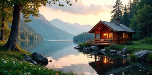 Fototapeta premium Serene lakeside cabin retreat offering ultimate relaxation and rejuvenation; escape the everyday stress and reconnect with nature , countryside, mindfulness, recovery