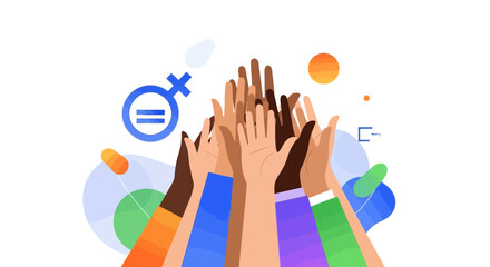 Diverse hands reaching upward in unity, symbolizing empowerment and equality, with a gender equality symbol.