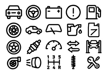 Essential car service icons for auto repair or maintenance, simple automotive symbols set for website or app