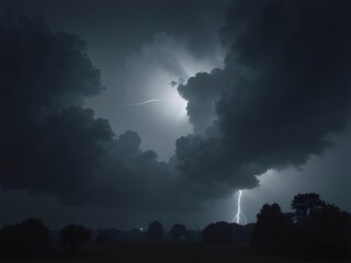 Dramatic Lightning Strikes Illuminating Night Sky over Rural Landscape with Towering Cumulonimbus