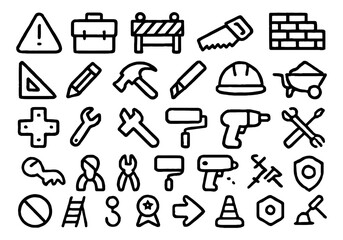 Construction icon set for builders, hand tools, engineering, and safety needs featuring site elements