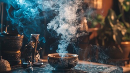 Aromatic herbs smoke mysterious atmosphere natural ritualistic wellness scene