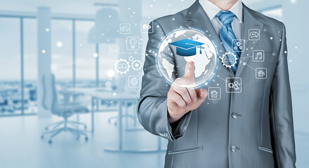 Businessman touching virtual screen with education icon, representing online learning, elearning, and global education, with modern office background and technology concept