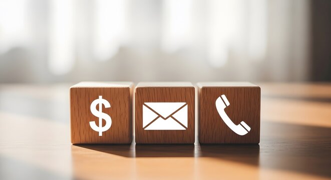 Three wooden blocks with dollar sign email and phone icons for business communication