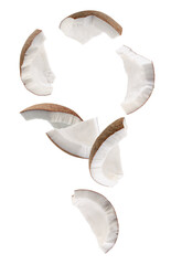 Pieces of coconut form an unusual figure in space. Isolated on white