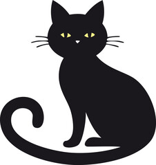Black cat with yellow eyes sitting with curled tail feline domestic animal