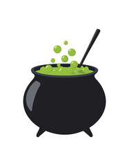 Black cauldron bubbling green potion with bubbles and stirring stick vector