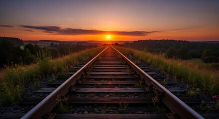 Obraz premium 3D image Sunset Railroad Tracks Stretching into Horizon with Wildflowers, Rolling Hills, and Dramatic Sky Capturing Nature’s Beauty and Perspective.