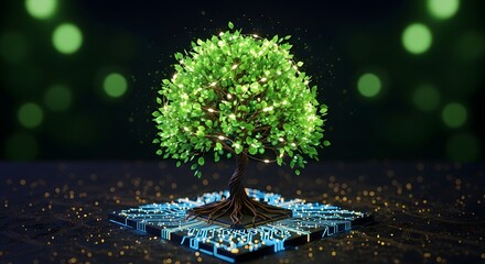 Lush green tree growing out of digital circuit board with bokeh lights