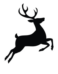 Black silhouette of a leaping reindeer with antlers white