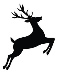Black silhouette of a leaping stag with antlers deer white background
