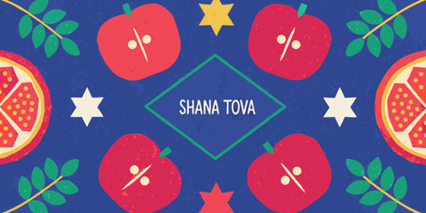 Happy new year shana tova greeting card with apples pomegranates and stars on blue background